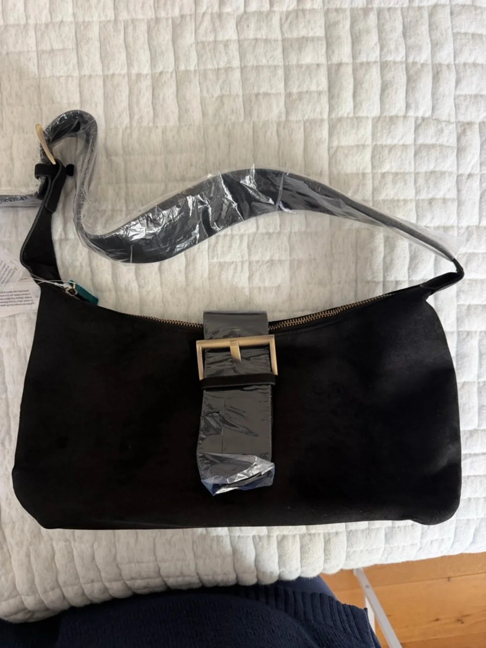 NWT Anthropologie Remi & Reid Black Faux Suede Shoulder Bag with Buckle Strap